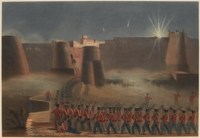 A Tempestade de Ghuznee. The Storming Column entering the Fortress, 23 de Julho de 1839 (cor litho) de Lieutenant Thomas (after) Wingate