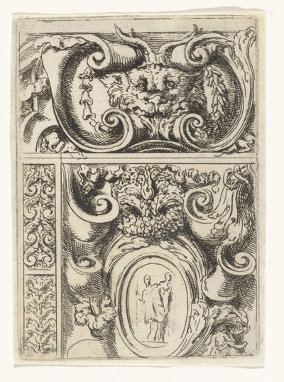Cartouche com cabeça de animal e abaixo de um cartouche com Madonna e criança
Divertimenti di Livio Meus (título da série) de Lieven Mehus
