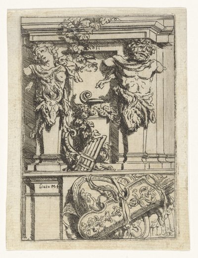 Duas caryatids, uma flauta de pan, um arco e flecha e um escudo
Divertimenti di Livio Meus (título da série) de Lieven Mehus