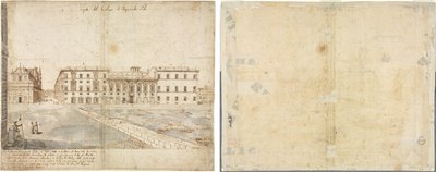Dezoito Vistas de Roma: O Collegio di Propaganda Fide (reto); Esboços de janelas e pilastras do sótão do Collegio di Propaganda Fide (verso) de Lievin Cruyl