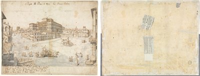 Dezoito Vistas de Roma: A Piazza Barberini (reto); Traçado de uma fonte de Recto e esboços de duas faces (verso) de Lievin Cruyl