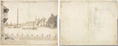Dezoito Vistas de Roma: A Piazza del Popolo (reto); Esboço para San Giovanni in Laterano (verso) de Lievin Cruyl