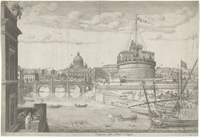 Vista de Roma Proppectus caftri e Pontis S. Angeli (título no objeto) de Lievin Cruyl
