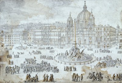 Piazza Navona em Roma, por Lievin Cruyl (1640-1720), Itália de Lievin Cruyl