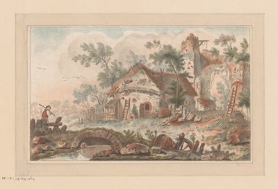 Casa em frente a um portão da cidade dilapidado, com um homem numa ponte em primeiro plano de Liger (attributed to)