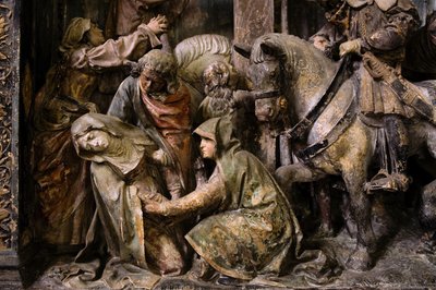 Peça de altar, painel central, detalhe, o desmaio da Virgem (pedra pintada) de Ligier Richier