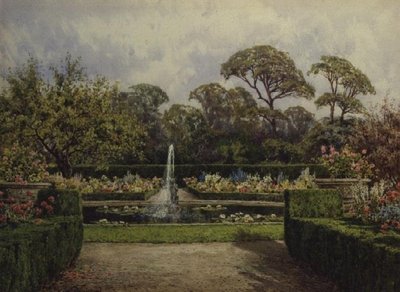 O Lily Pond Garden com uma lagoa circular e uma fonte de cervejas (aguarela e guache) de Lilian Stannard