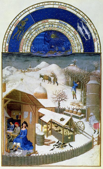 Fac-símile de fevereiro: cena de capoeira com camponeses, copiada de &39;from the&39; Tres Riches Heures du Duc de Berry &39;(para original ver 8434) de Limbourg Brothers