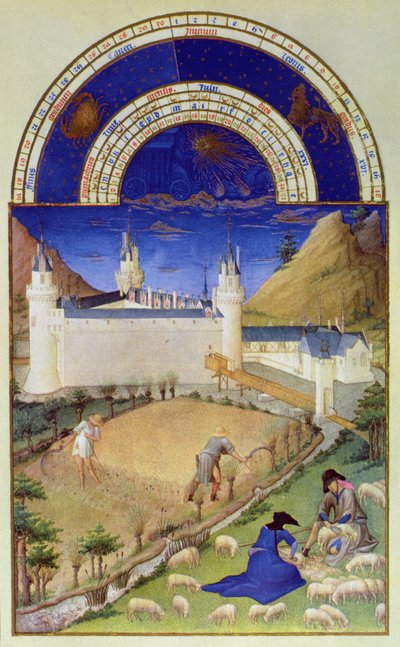 Fascimile de julho: Colheita e tosquia de ovelha, do &39;Tres riquezas Heures du Duc de Berry&39; (para original ver 8439) de Limbourg Brothers