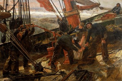 Cena no convés de uma escuna apanhada numa tempestade, um drama marítimo, todos os marinheiros e a mulher do capitão estão reunidos para ativar a bomba e puxar as velas e as cordas de Lionel Percy Smythe