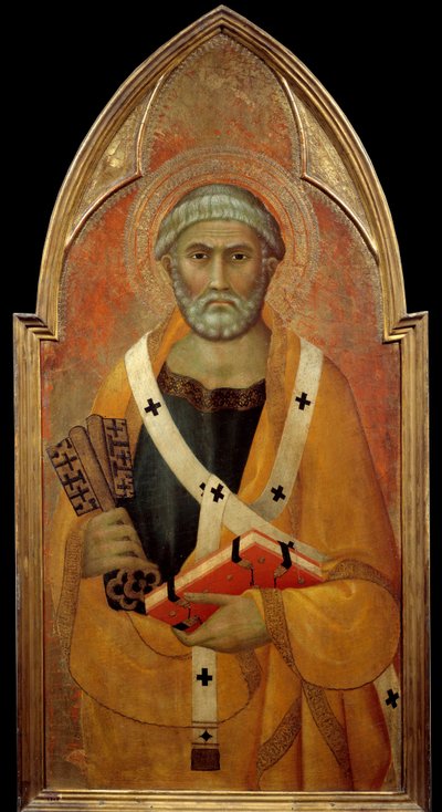 Representação de São Pedro (San Pietro) Detrempe sobre madeira por Lippo Memmi (conhecido de 1317-1347) Sol do século XIV. 0,94x0,44 m - Representação de São Pedro (San Pietro). Tempera sobre madeira de Lippo Memmi (conhecida de 1317 a 1347) de Lippo Memmi