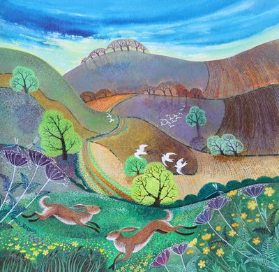 Downland Hares, 2017, (acrílicos em papel) de Lisa Graa Jensen