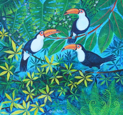 Toucan Threesome, 2024 (acrílicos sobre linho) de Lisa Graa Jensen