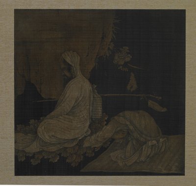Bodhidharma meditando, com atendente prostrado, dinastia Qing, c.1708 tinta e cor em seda de Liu Hualiang