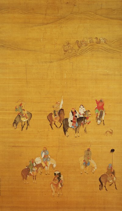 Kublai Khan (1214-94) Caça, dinastia Yuan (tinta e cor sobre seda) (ver 110534 e 226021 para detalhes) de Liu Kuan tao