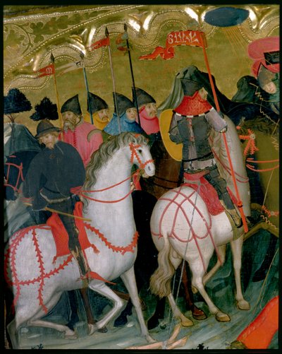 Soldados montados, detalhe do retábulo da Virgem e São Jorge, c.1390-1400 (tempera no painel) de Lluís Borrassà