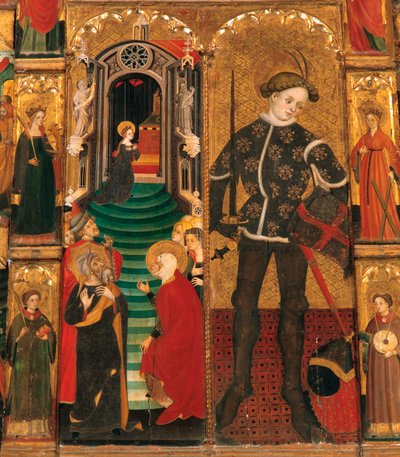 Período gótico. Retábulo da Virgem e São Jorge (Sant Jordi), de Lluis Borrassa (1360-1426). Pintura em madeira. Obra realizada em Barcelona por volta de 1390-1400. Pormenor, Apresentação de Maria no Templo e São Jorge (Sant Jordi / San Jorge) como cavaleir de Lluís Borrassà