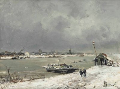 Uma travessia de balsa perto de Wijk bij Duurstede no inverno de Lodewijk Frederik Hendrik Apol