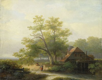 Um moinho de água em uma paisagem arborizada de Lodewijk Hendrik Arends