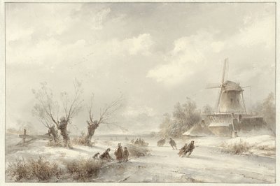 Paisagem de Inverno com patinadores de gelo perto de um moinho de Lodewijk Johannes Kleijn