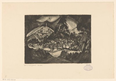 Paisagem montanhosa com árvores e edifícios Le Soir (título original no objeto) de Lodewijk Schelfhout (signed by artist)