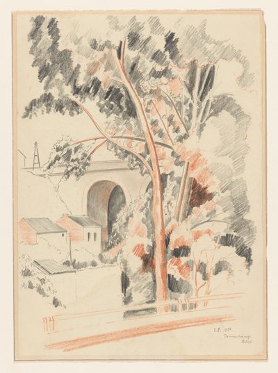 Casas e árvores sob um viaduto em Remouchamps de Lodewijk Schelfhout (signed by artist)