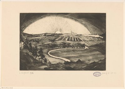 Nascer ou pôr do sol sobre uma paisagem montanhosa La Bruyere (título original no objeto) de Lodewijk Schelfhout (signed by artist)