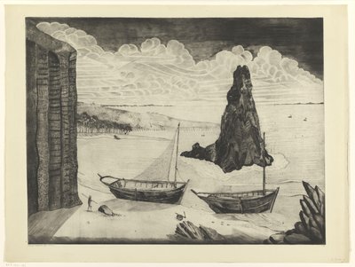 Dois navios ancorados em uma praia Le Rocher (título original) de Lodewijk Schelfhout (signed by artist)