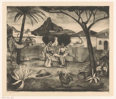 Dois homens carregando um homem em um jardim de Lodewijk Schelfhout (signed by artist)