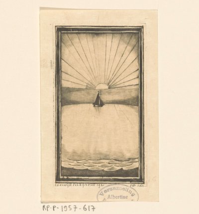 Veleiro no mar ao nascer ou pôr do sol de Lodewijk Schelfhout (signed by artist)