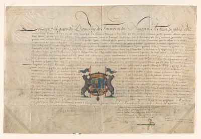 Diploma pelo qual Luís XIV elevou Cornelis Lampsins a Barão de Tobago e Cavaleiro da Ordem de São Miguel de Lodewijk XIV (koning van Frankrijk) (signed by artist)