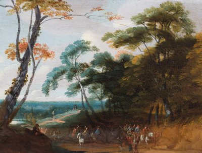 Viajantes numa paisagem arborizada (óleo sobre painel) de Lodewijk de (follower of) Vadder