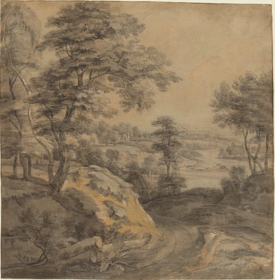 Paisagem arborizada com uma estrada de Lodewijk de Vadder