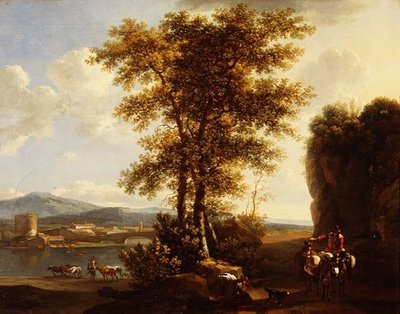 Uma paisagem fluvial arborizada italiana com viajantes num caminho, um rebanho com gado e uma cidade além de Lodewyck van Ludick