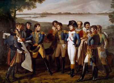 Napoleão I mandou construir uma ponte sobre o Danúbio em Ebersdorf no dia 19 de Maio de 1809. O General Henri Gatien Bertrand (1773-1844) apresenta os planos da ponte para atravessar a ilha de Lobau "Detalhe". Pintura de Ludovico Venuti (activo entre 1799- de Lodovico Venuti
