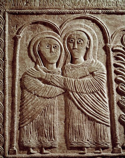 Arqueologia da Idade Média (Idade Média). Arte Bárbara da Lombardia: Visitação, Santa Isabel e Santa Maria. Escultura, Arte Lombarda, 737-744. Cividale del Friuli, Museu Chretien, tesouro da catedral. de Lombard School
