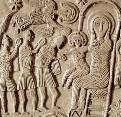 Arqueologia da Idade Média (Idade Média). Arte bárbara da Lombardia: adoração dos Magos, baixo relevo do altar do Duque Rachis. Escultura, arte lombarda, 737-744. Cividale del Friuli, Museu Chretien, tesouro da catedral. de Lombard School