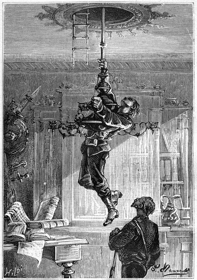 Desenho de Leon Benett, do livro de Júlio Verne "Os 500 milhões do Begum" - edição Hetzel/Viagens Extraordinárias 1879. "... Mal estava suspenso do candelabro dore, e com grande surpresa, viu-o cair sob a sua mão. O teto de Léon Benett