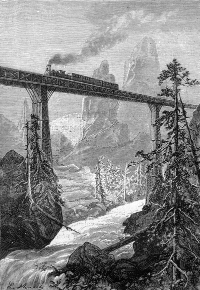 desenho de Leon Benett, a partir do livro de Júlio Verne "Os 500 milhões do Begum" - edição Hetzel/Viagens Extraordinárias 1879. Comboio a vapor a passar sobre uma ponte arrojada, numa paisagem de montanha com torrente. de Léon Benett