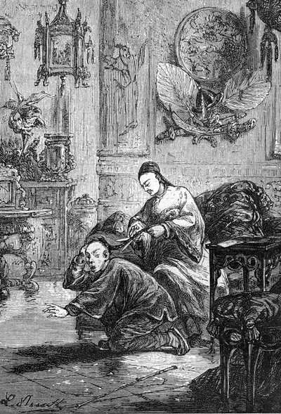 desenho de Leon Benett, a partir do livro de Júlio Verne "As tribulações de um chinês na China" - edição Hetzel/Viagens extraordinárias 1879. de Léon Benett