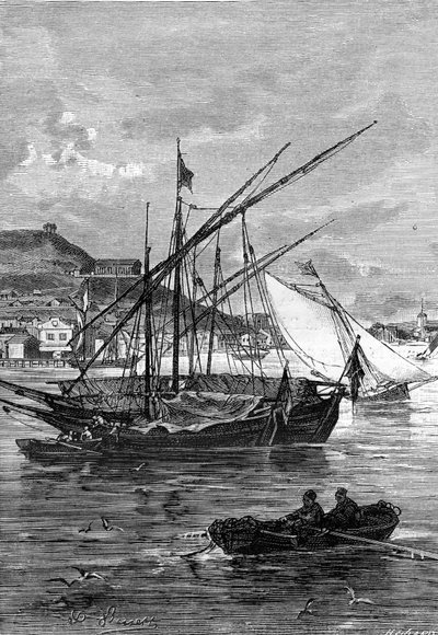 ilustração do romance de Júlio Verne "Keraban o teimoso", coleção Hetzel/viagens extraordinárias 1883. Desenho de Leon Benett: o porto de Kertsch (Crimeia), no estreito de Iénikale, entre o mar Negro e o mar de Azof. de Léon Benett