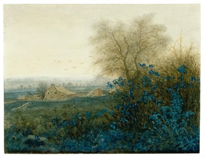 Paisagem com uma casa de campo e um camponês a conduzir um carrinho de mão de Léon Bonvin