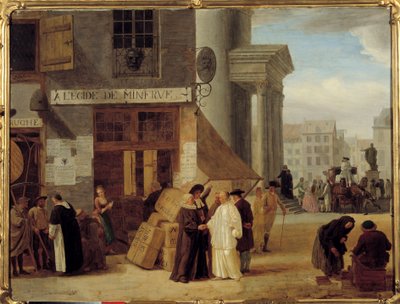 Na Egide de Minerve, uma livraria em Liège, Bélgica, que vendia livros proibidos pelo poder ou pela Igreja. A política de tolerância de José II (1741-1790) favorecendo os enciclopedistas. Pintura de Leonard Defrance (ou De France) (1735-1806) Dijon do sécu de Léonard Defrance