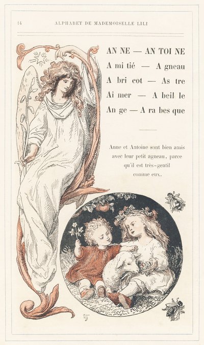Anne, Antoine, Amizade, Cordeiro, Damasco, Estrela, Amor, Abelha, Anjo, Arabesco, página 14 - Alfabeto de Mademoiselle Lili, de L. Froelich e de um pai (o próprio Hetzel). Bibliotheque  Magasin d
