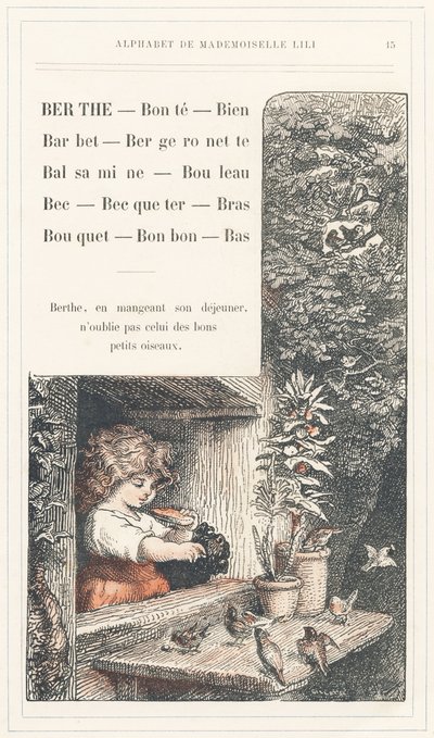 Berthe, Bonte, Well, Barbet, Bergeronnette, Balsamine, Birch, Beak, Becqueter, Arm, Bouquet, Candy, Bottom, página 15 - Alfabeto de Mademoiselle Lili, de L. Froelich e de um pai (o próprio Hetzel). Biblioteca e Loja de Educação e Recreação J. Hetzel de Lorentz Froelich