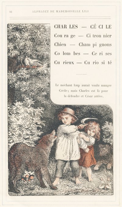 Charles, Cecile, Coragem, Limoeiro, Cão, Cogumelos, Pombas, Cerejas, Curioso, Curiosite, página 16 - Alfabeto de Mademoiselle Lili, de L. Froelich e de um pai (o próprio Hetzel). Bibliotheque  Magasin d