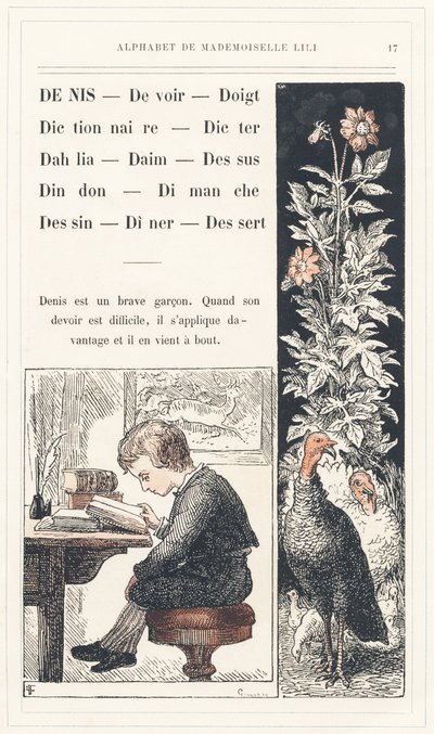 Denis, Dever, Dedo, Dicionário, Dicter, Dália, Camurça, Pião, Peru, Domingo, Desenho, Jantar, Sobremesa, página 17 - Alfabeto de Mademoiselle Lili, de L. Froelich e de um pai (o próprio Hetzel). Bibliotheque  Magasin d