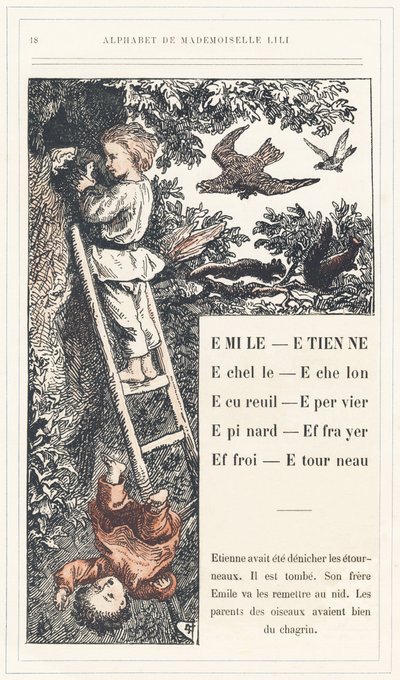 Emile, Etienne, Echelle, Echelon, Squirrel, Sparrow, Epinard, Scarer, Farry, Stourneau, página 18 - Alfabeto de Mademoiselle Lili, de L. Froelich e de um pai (o próprio Hetzel). Bibliotheque  Magasin d