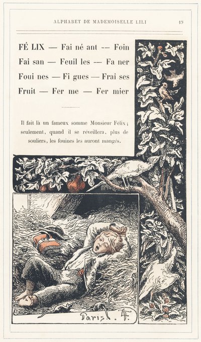 Felix, Lay, Hay, Pheasant, Leaves, Faner, Weasels, Figs, Strawberries, Fruit, Farm, Farmer, página 19 - Alfabeto de Mademoiselle Lili, de L. Froelich e de um pai (o próprio Hetzel). Bibliotheque  Magasin d