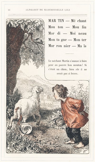 Martin, Mechant, Mouton, Mill, Tuesday, Sparrow, Mountain, Rise, Chestnut, Mais, página 26 - Alfabeto de Mademoiselle Lili, de L. Froelich e de um pai (o próprio Hetzel). Bibliotheque  Magasin d
